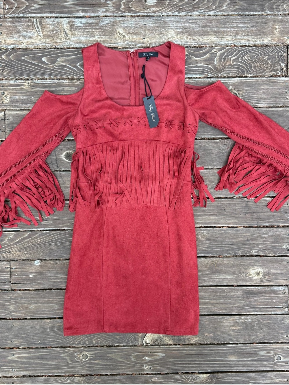 NWT Honey Punch Faux Suede Fringe Western Boho Dress S Cold Shoulder